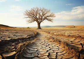 ai gegenereerd droog land, met dor en gebarsten bodem omdat van droogte, ten gevolge naar klimaat verandering foto