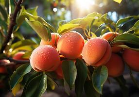 ai gegenereerd rijp en sappig perziken hangende Aan boom. gezond voedsel. foto