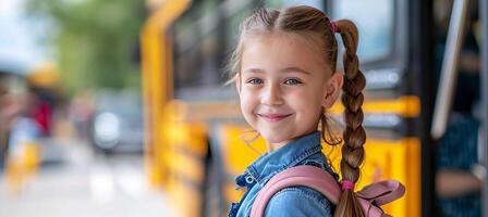 ai gegenereerd gelukkig jong elementair school- meisje glimlachen en klaar naar bord de school- bus met kopiëren ruimte foto