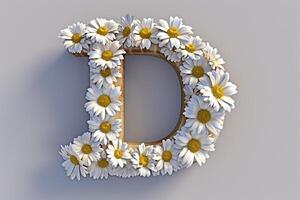 ai gegenereerd 3d madeliefje bloemen creëren de brief d in een modern stijl, geïsoleerd Aan een schoon wit achtergrond foto