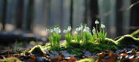 ai gegenereerd voortreffelijk sneeuwklokje bloem bloeiend sierlijk in de zacht, gouden stralen van de levendig voorjaar zon foto