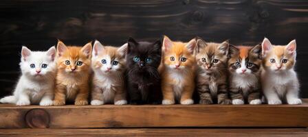ai gegenereerd assortiment van schattig en kleurrijk kat kittens zittend samen in een rij, aanbiddelijk katachtig metgezellen foto