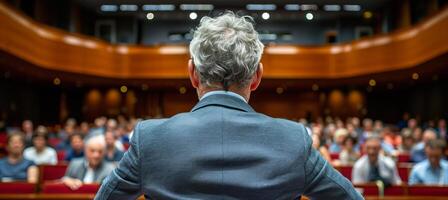 ai gegenereerd innemend achterzijde visie van zelfverzekerd spreker leveren presentatie Bij bedrijf conferentie en evenement foto