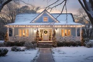 ai gegenereerd feestelijk winter huisje met charmant Kerstmis decoraties, knus sfeer, en besneeuwd omgeving foto