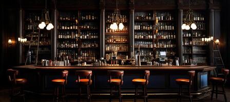 levendig bar atmosfeer met cocktails, glaswerk, en ambient verlichting in een lichtgevend bokeh tafereel. foto
