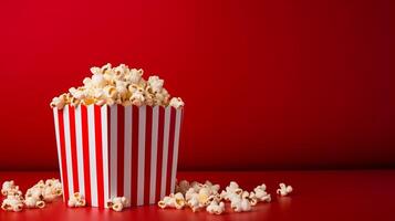 ai gegenereerd gestreept popcorn doos met beboterd popcorn Aan rood helling achtergrond en leeg ruimte voor ontwerp foto