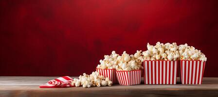 ai gegenereerd popcorn doos met smakelijk popcorn Aan rood helling achtergrond, uitgebreid leeg ruimte voor maatwerk foto