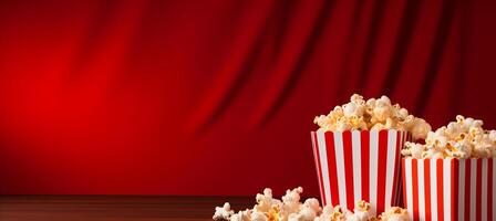 ai gegenereerd popcorn gevulde gestreept doos Aan getextureerde rood helling achtergrond met uitgebreid leeg ruimte foto