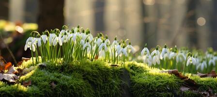 ai gegenereerd etherisch schoonheid van een delicaat sneeuwklokje bloem verlichte door de teder stralen van de voorjaar zon foto