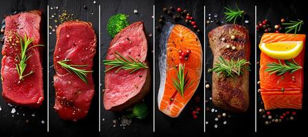 ai gegenereerd assortiment van steak producten verdeeld door wit verticaal lijnen in helder wit licht collage foto