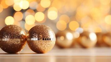 ai gegenereerd gouden Kerstmis boom met dichtbij omhoog goud kerstballen en sprankelend lichtbreed formaat banier achtergrond. foto