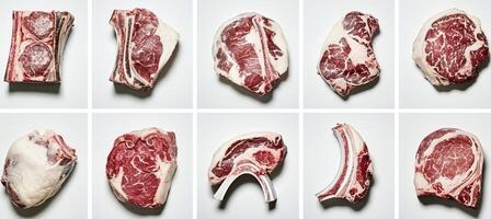 ai gegenereerd heerlijk assortiment van steak producten, verdeeld door wit lijnen, onder helder wit licht foto