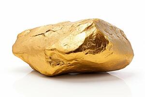 ai gegenereerd glimmend goud nugget met wit achtergrond geïsoleerd kostbaar metaal voor sieraden of investering foto