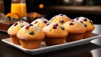 ai gegenereerd verrukkelijk eigengemaakt veenbes oranje muffins Aan keuken achtergrond met tekst ruimte voor plaatsing. foto