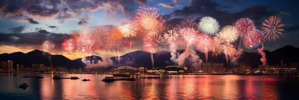 ai gegenereerd levendig Chinese nieuw jaar vuurwerk verhelderend de nacht lucht met verbijsterend kleuren en patronen. foto