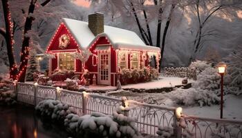 ai gegenereerd betoverend winter wonderland knus Kerstmis huisje met feestelijk decoraties en besneeuwd omgeving foto