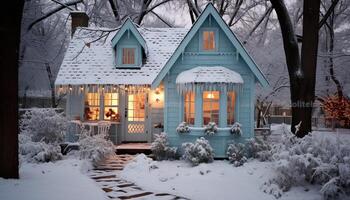 ai gegenereerd besneeuwd huisje versierd met feestelijk Kerstmis decoraties en lichten Aan knus voorkant veranda foto