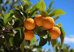 ai gegenereerd rijp en sappig sinaasappelen, mandarijn en mandarijn- hangende Aan boom met blauw lucht. gezond voedsel. foto