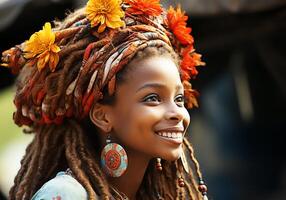 ai gegenereerd vrouw in traditioneel kleren en hoofddoek. vrouw dag. traditie en cultuur foto