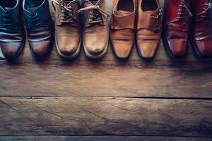 schoenen voor mannen divers stijlen Aan een houten verdieping - levensstijlen. foto