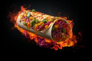 ai gegenereerd gekookt sappig burrito voor ontbijt vlam Aan een zwart achtergrond. de concept van heerlijk voedsel foto