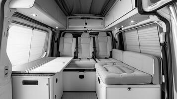 ai gegenereerd modern camper busje interieur met een knus interieur. concept van mobiel leven, avontuur reis, weg reizen, en natuur-verbonden levensstijlen. zwart en wit. foto