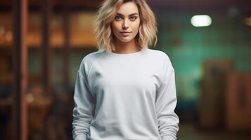 ai gegenereerd jong blond vrouw vervelend een schoon wit trui. Aan een licht wazig achtergrond. binnenshuis. sweater model. concept van stedelijk mode, straat stijl, sjabloon voor ontwerp foto