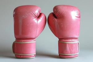 ai gegenereerd elegant roze boksen handschoenen Aan een licht achtergrond. concept van vrouwelijkheid in sport, modieus atletisch apparatuur, en de mengsel van stijl met functie foto