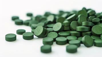 ai gegenereerd spirulina of chlorella groen tablets verspreide Aan een zuiver wit achtergrond. met kopiëren ruimte. droog zeewier. superfood. concepten van voedsel supplement, Gezondheid en farmaceutische producten foto