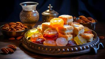 ai gegenereerd divers midden- oostelijk snoepgoed Leuk vinden Turks genot en baklava, geregeld elegant Aan een zilver schotel, natuurlijk verlichting benadrukkend de texturen en kleuren. donker achtergrond. foto