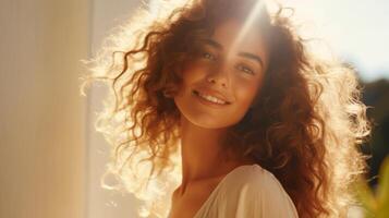 ai gegenereerd portret van een vrouw met gekruld haar- met natuurlijk bedenken in de zonlicht. gelukkig dame genieten van de zon. banier met kopiëren ruimte. ideaal voor schoonheid of haar- zorg advertenties. foto