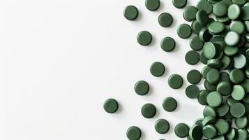 ai gegenereerd spirulina of chlorella groen tablets verspreide Aan een zuiver wit achtergrond. top visie. met kopiëren ruimte. droog zeewier. superfood. concepten van voedsel supplement, Gezondheid en farmaceutische producten foto