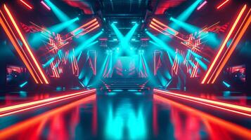 ai gegenereerd helder modern futuristische concert stadium met dynamisch neon oranje blauw verlichting. modern nacht club. concept van virtueel realiteit evenementen, futuristische concerten, en hoog tech stadium ontwerp foto