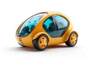 ai gegenereerd futuristische compact speelgoed- auto Aan wit achtergrond. modern klein autonoom voertuig ontwerp. speelgoed- elektrisch auto. concept van toekomst stedelijk vervoer, eco vriendelijk auto's, kinderen vriendelijk speelgoed. foto