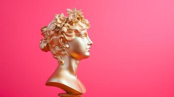 ai gegenereerd goud antiek standbeeld van vrouw hoofd Aan een roze solide achtergrond, perfect voor gebruik in artistiek of abstract zichtbaar inhoud. banier met kopiëren ruimte foto