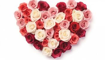 ai gegenereerd bloemen hart. roze, rood en wit rozen geregeld in hart vorm Aan wit achtergrond. ideaal voor valentijnsdag dag, jubilea, of romantisch gelegenheden foto