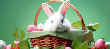 ai gegenereerd schattig konijn in mand met kleurrijk Pasen eieren. feestelijk konijn. voor groet kaart, uitnodiging. ansichtkaart, poster, banier, web ontwerp. ideaal voor Pasen feesten. groen achtergrond. foto