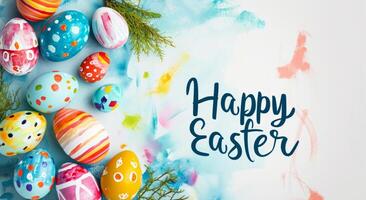 ai gegenereerd kleurrijk Pasen eieren Aan een waterverf achtergrond met gelukkig Pasen tekst. spandoek. ideaal voor seizoensgebonden groeten of vakantie promoties foto