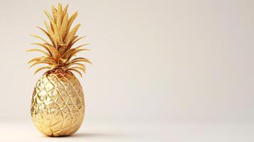 ai gegenereerd gouden ananas gemaakt van goud Aan wit achtergrond, geschikt voor minimalistische ontwerp of premie Product illustratie, benadrukkend waarde en elegantie. exclusief fruit. banier met kopiëren ruimte. foto