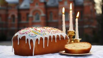 ai gegenereerd traditioneel koel, Russisch Pasen brood, met overladen wit suikerglazuur en kleurrijk decoraties, lit door kaarslicht met een kerk achtergrond. geschikt voor religieus en cultureel evenement inhoud foto