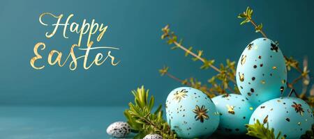 ai gegenereerd Pasen themed banier met gekleurde blauw eieren met goud ornamenten en gelukkig Pasen tekst. Aan blauw achtergrond. foto