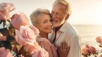 ai gegenereerd een liefhebbend ouderen paar omarmt tussen zacht roze rozen, hun aanhankelijk blik reflecterend jaren van gedeeld vreugde. geschikt voor verjaardag, liefde, of valentijnsdag dag thema's. foto