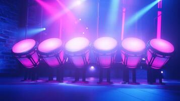 ai gegenereerd conga drums is verlichte door neon kleurrijk stadium lichten. kan worden gebruikt voor musical evenement promoties of Lidwoord over leven optredens. traditioneel musical instrument van afro-cubaans foto