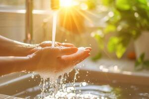 ai gegenereerd vrouw het wassen handen onder water kraan in keuken. generatief ai foto