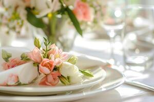 ai gegenereerd elegant tafel instelling met bloemen themed servetten. generatief ai foto