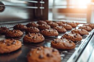 ai gegenereerd industrieel productie lijn van chocola koekjes komt eraan uit van de oven. generatief ai foto