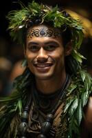 ai gegenereerd portret van een polynesisch Mens van de grote Oceaan eiland van Tahiti. Frans Polynesië foto