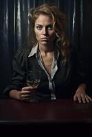 ai gegenereerd portret van een drinken meisje Bij een tafel Aan een donker achtergrond foto