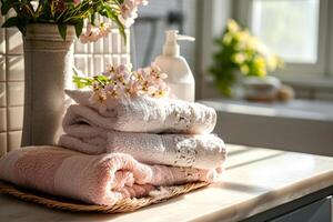 ai gegenereerd badkamer met delicaat bloemen en handdoeken Aan zonnig achtergrond. generatief ai foto