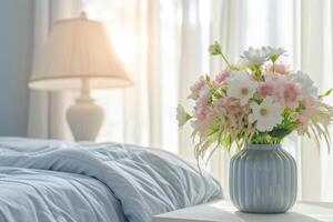 ai gegenereerd nachtkastje tafel met lamp en bloemen in de slaapkamer. generatief ai foto